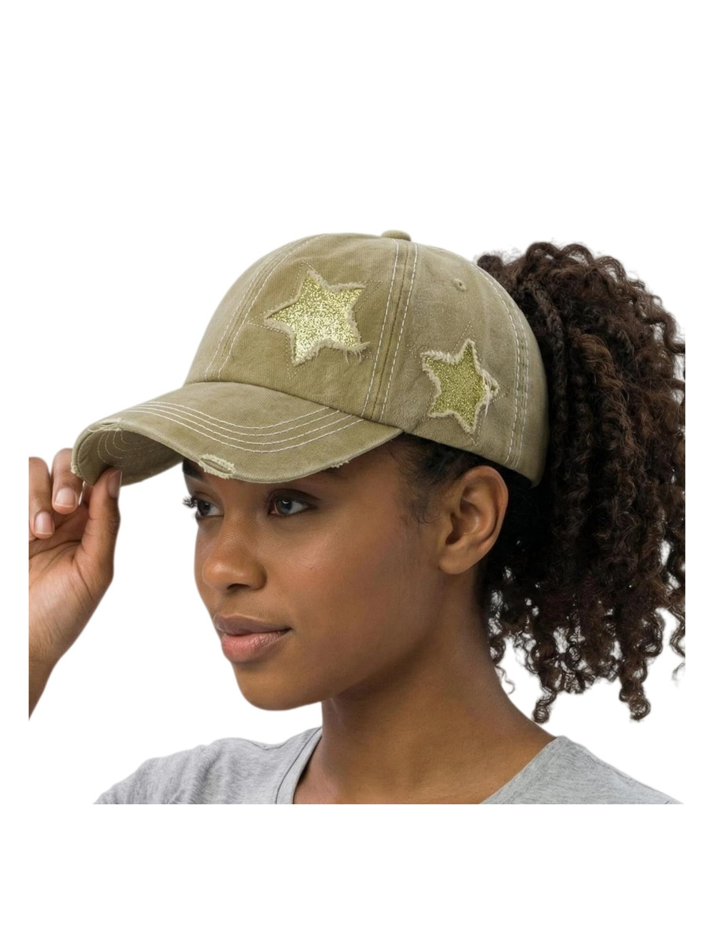 Womens High Ponytail Messy Bun Baseball Caps | Star Solid Fabric Khaki | Size OS